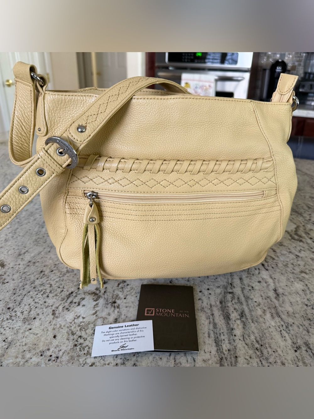 Stone Mountain Pebbled Leather Butter Yellow Cream Whipstitch Purse Shoulder Bag
